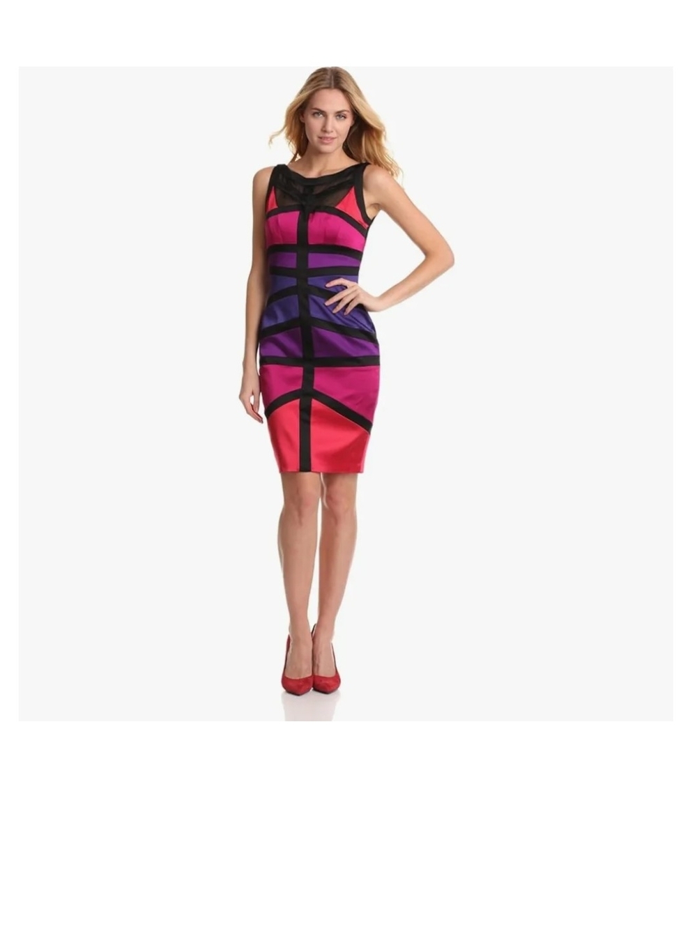 Jax Pink and Purple Satin Bandage Sheath Dress with Black Trim Sz 2